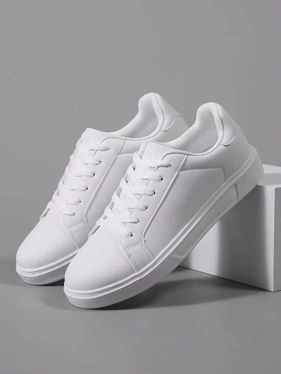 Men's PU Leather White Shoes, Low-Cut Spring/Autumn Sneakers With Round Toe, Soft Sole, And Lace-Up, Casual Sports Shoes