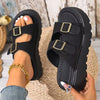 Summer New Double-Strap Metal Buckle Thick-Sole Sandals For Women, Platform One-Piece Slide Birkenstocks Style, Retro Casual Outdoor Beach Shoes, Non-Slip Elevated Slip-On, Multiple Colors Available, Plus Size Slimming Versatile Slippers